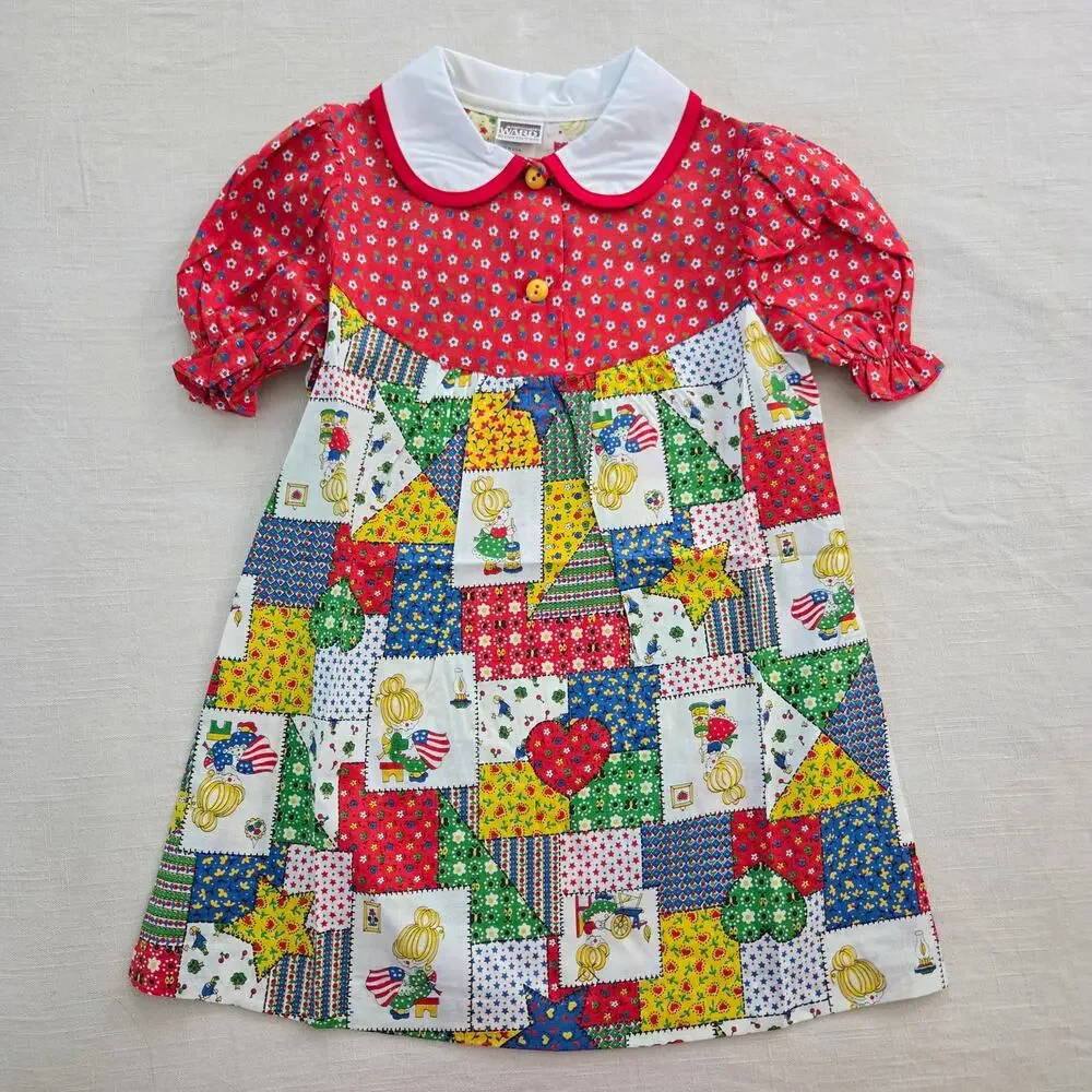 Vintage 70s Patchwork Girl Pattern Dress 4t